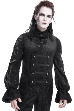 Black paisley jacquard gothic waistcoat with metal frog buttons - front full view on male model wearing ruffled white shirt