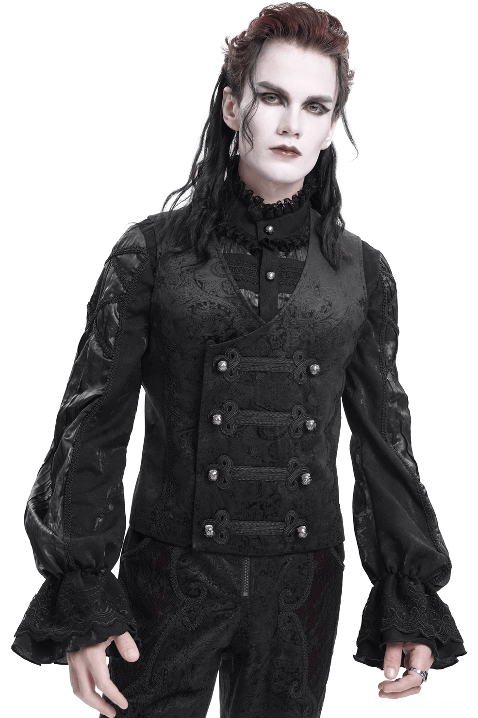 Black paisley jacquard gothic waistcoat with metal frog buttons - front full view on male model wearing ruffled white shirt