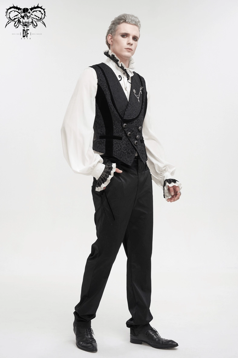 Black jacquard gothic waistcoat comprehensive product view highlighting all design elements and proportions