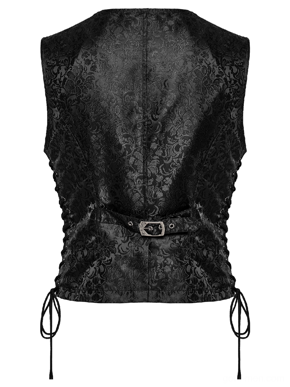 Rear flat lay of black-blue gothic waistcoat featuring decorative metal buckle back adjuster, dark floral jacquard weave, and side drawstring details