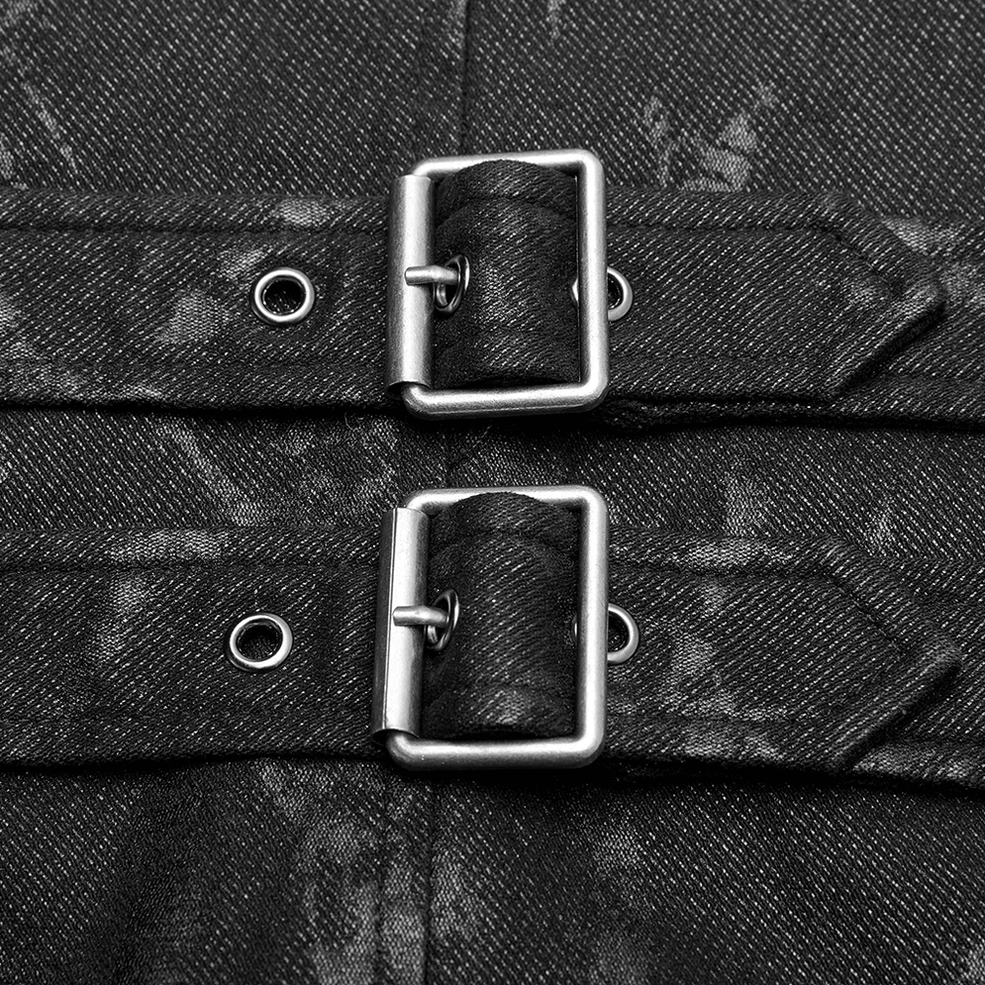 Gothic waistcoat rear metal buckle close-up - silver pin buckles with fabric straps and reinforced stitching