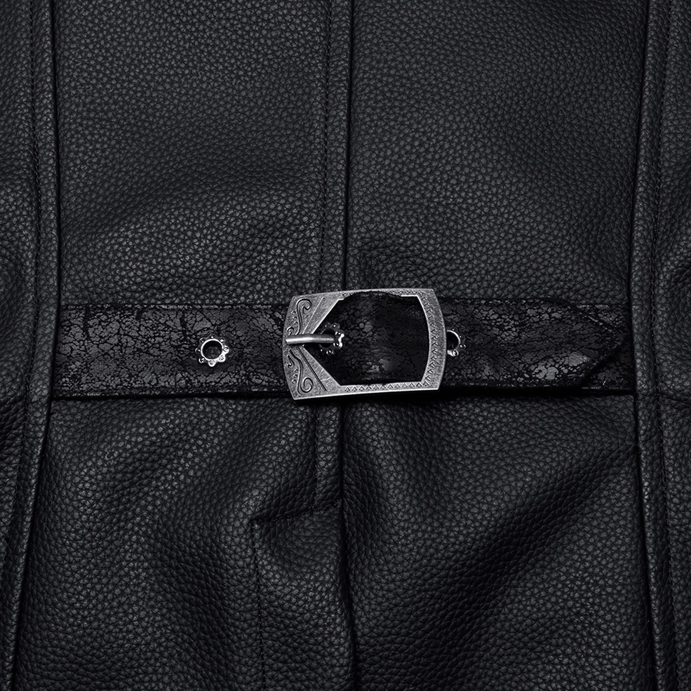 Close-up detail of rear waist metal buckle on black gothic faux leather waistcoat with textured pebbled finish