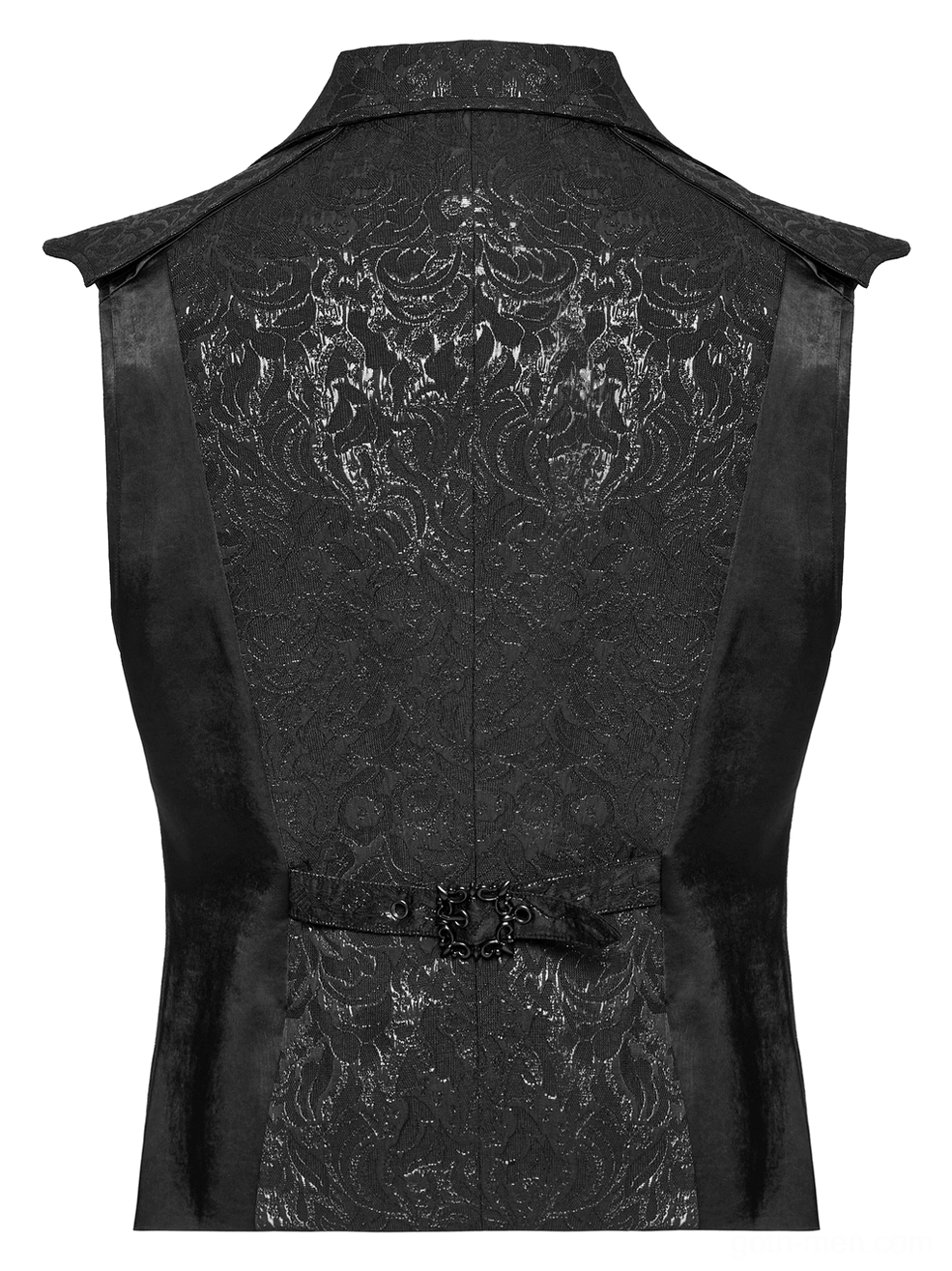 Black gothic waistcoat rear flat lay showing full jacquard back panel, satin side panels, and decorative metal waist buckle strap