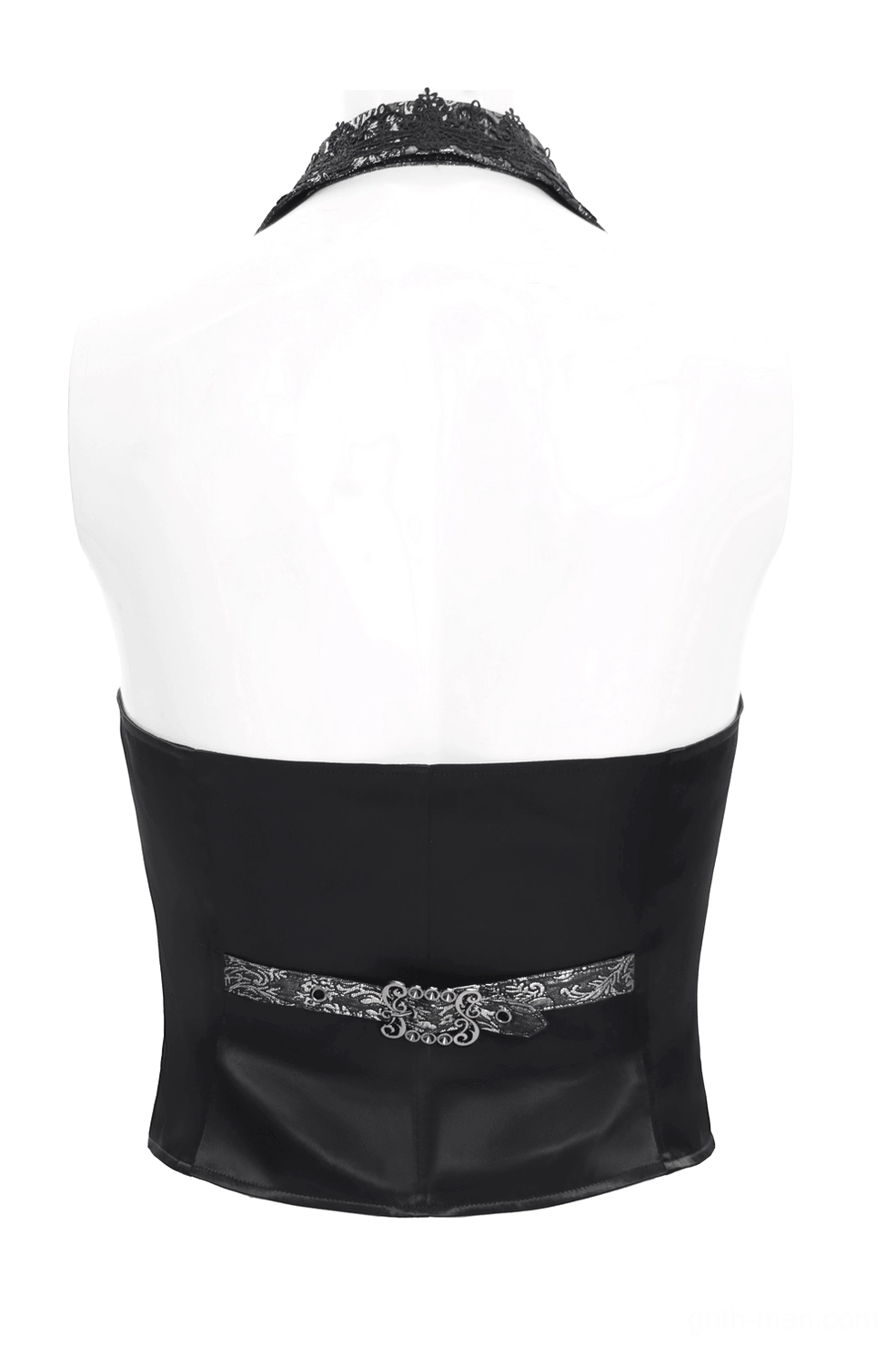 Black silver gothic waistcoat rear corset panel display halter neck strap satin fabric metal buckle