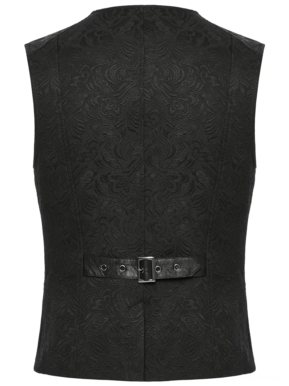 Rear close-up of black gothic waistcoat showing full damask jacquard pattern and adjustable leather belt hardware