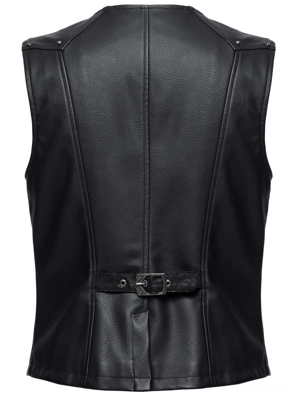 Gothic faux leather waistcoat rear flat lay view with waist adjustment metal buckle and stitching details