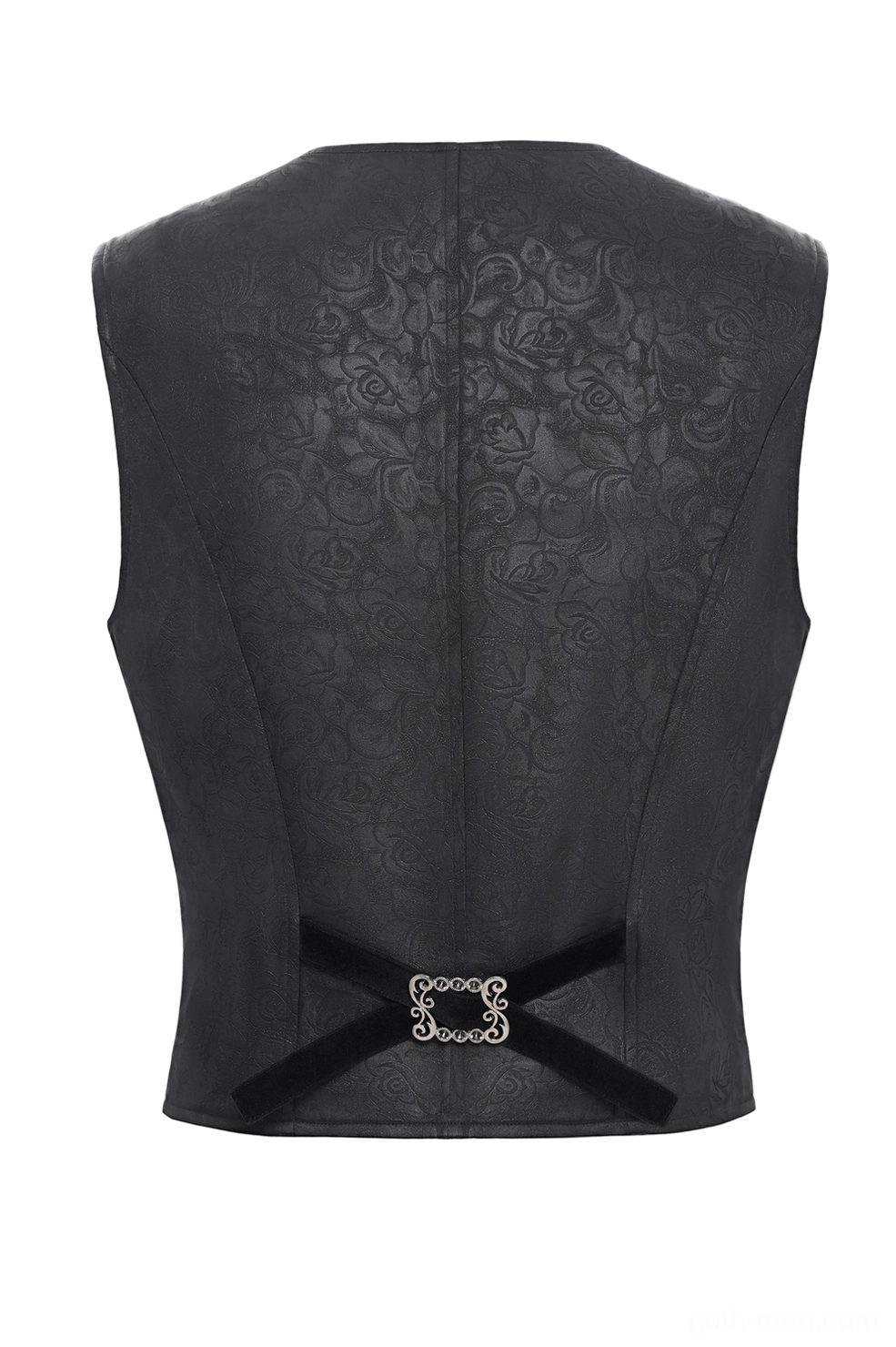 Gothic waistcoat rear panel flat lay showing floral jacquard fabric and metal buckle closure