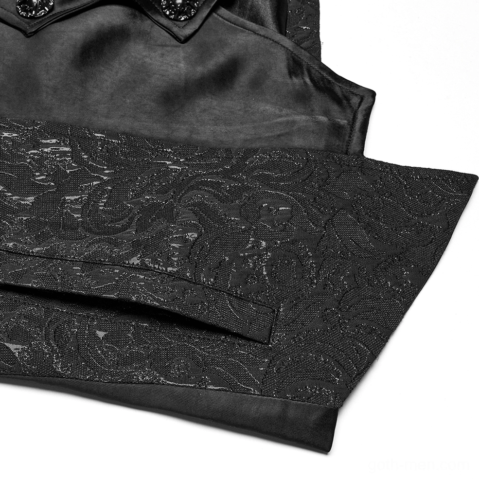 Close-up detail of black gothic waistcoat rear waist showing decorative metal buckle strap, adjustable closure, and full jacquard panel construction