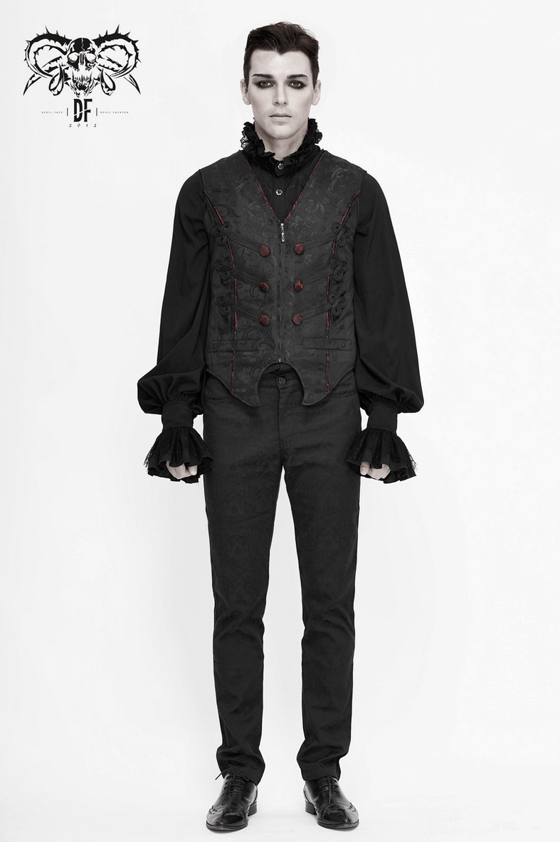 Black gothic jacquard waistcoat red button accent detail on front closure with embossed texture