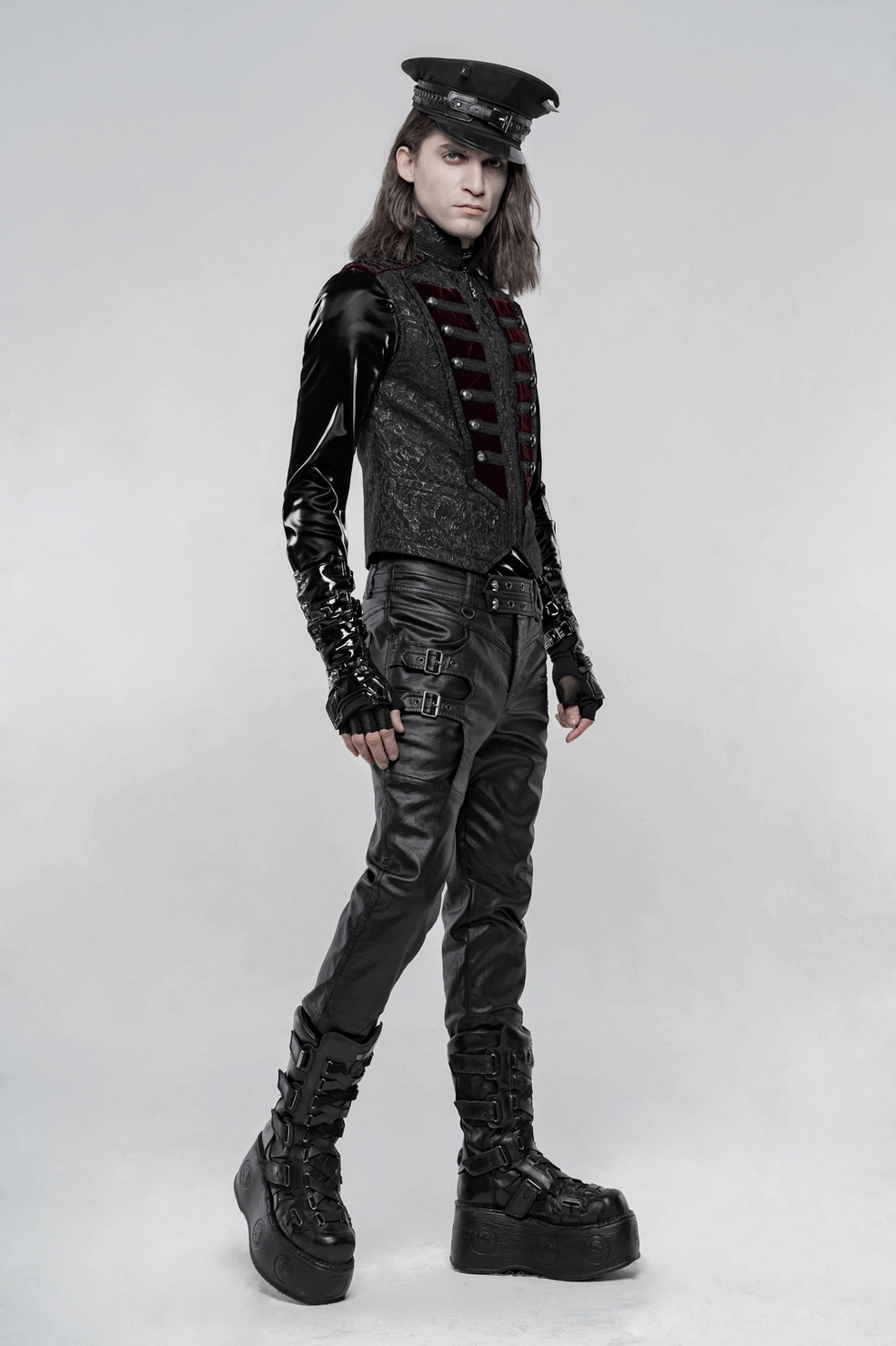 Red velvet contrast panel on gothic waistcoat front center with ornamental trim