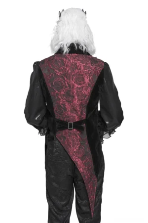 Back view of wine red and black jacquard gothic waistcoat showing rose pattern and waist belt buckle detail