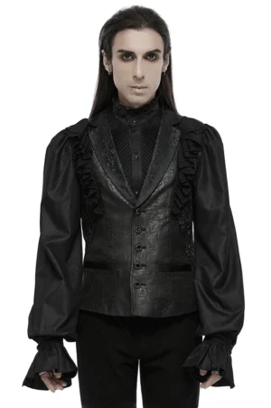 Black Victorian gothic waistcoat with 3D ruffled jacquard design - front full-body view on male goth model