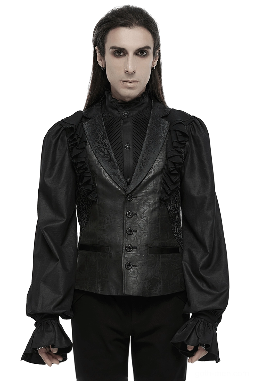 Black Victorian gothic waistcoat with 3D ruffled jacquard design - front full-body view on male goth model