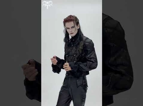 Side angle view of gothic waistcoat on male model showing fitted silhouette and ornate ruffled cuffs details