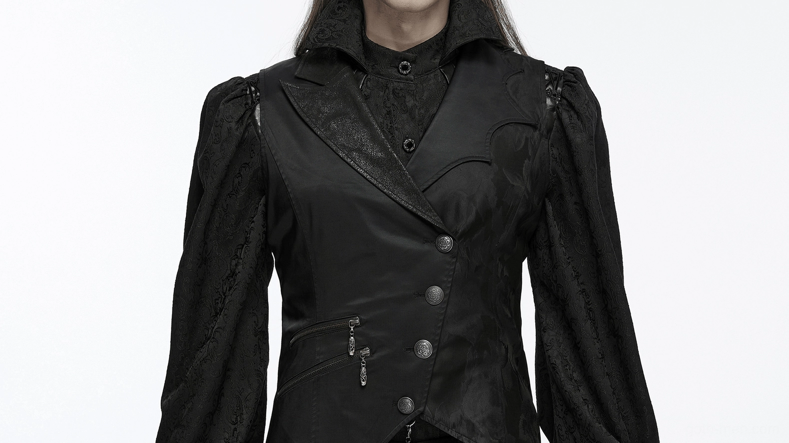 Side angle view of asymmetric gothic waistcoat showing irregular hemline depth and 3D silhouette construction