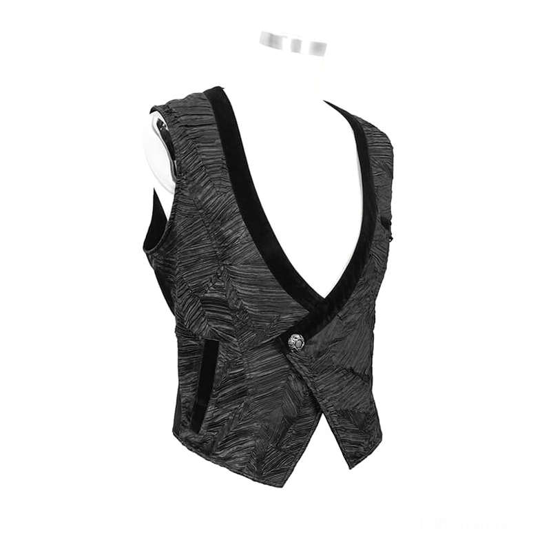 Black gothic men's waistcoat side back view with tailored split hem and decorative button detail