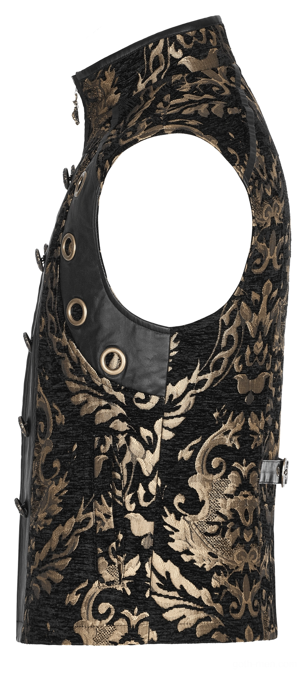 Side view flat lay of gothic brocade waistcoat showing armhole grommets and functional side strap
