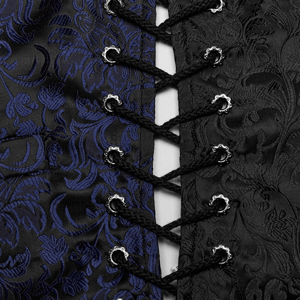 Close-up of gothic waistcoat side lace-up closure showing metal eyelets, black adjustable drawstring, and intricate floral jacquard pattern weave