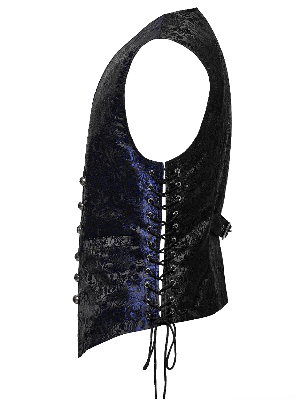 Side view flat lay of black-blue jacquard gothic waistcoat displaying metal eyelets, adjustable lace-up closure system, and customizable side fit