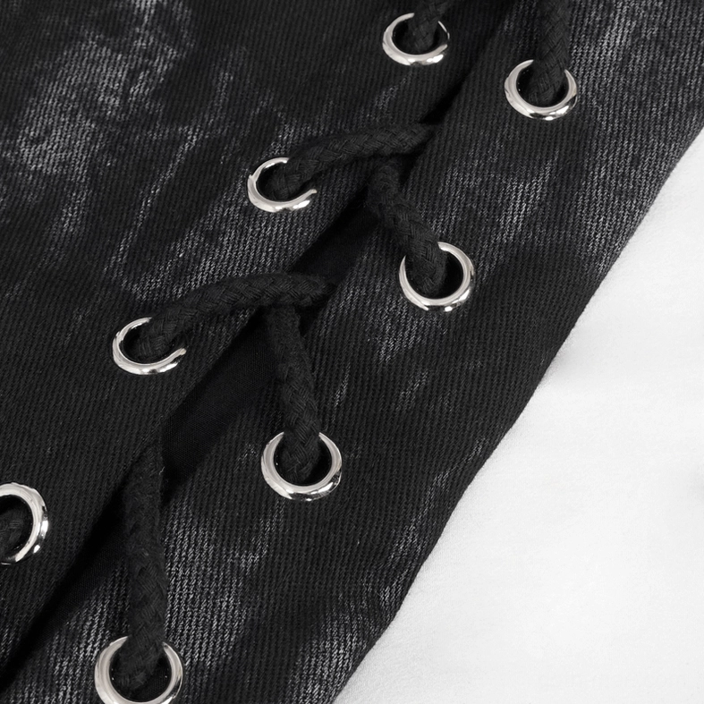 Black gothic waistcoat side lace-up details close-up showing metal eyelets, braided drawcord, and marbled fabric pattern