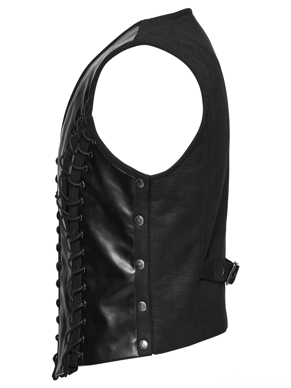 Black gothic waistcoat side view showing metal snap buttons and sleeveless cut