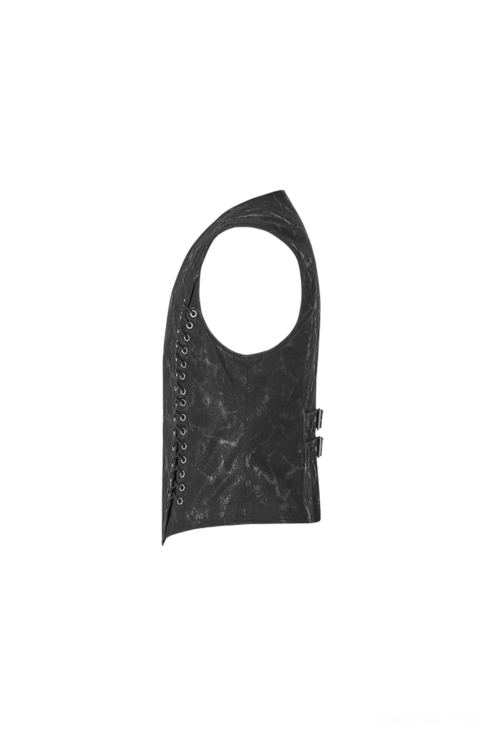 Black gothic waistcoat side panel flat lay - textured fabric with lace-up eyelets and shoulder cutout