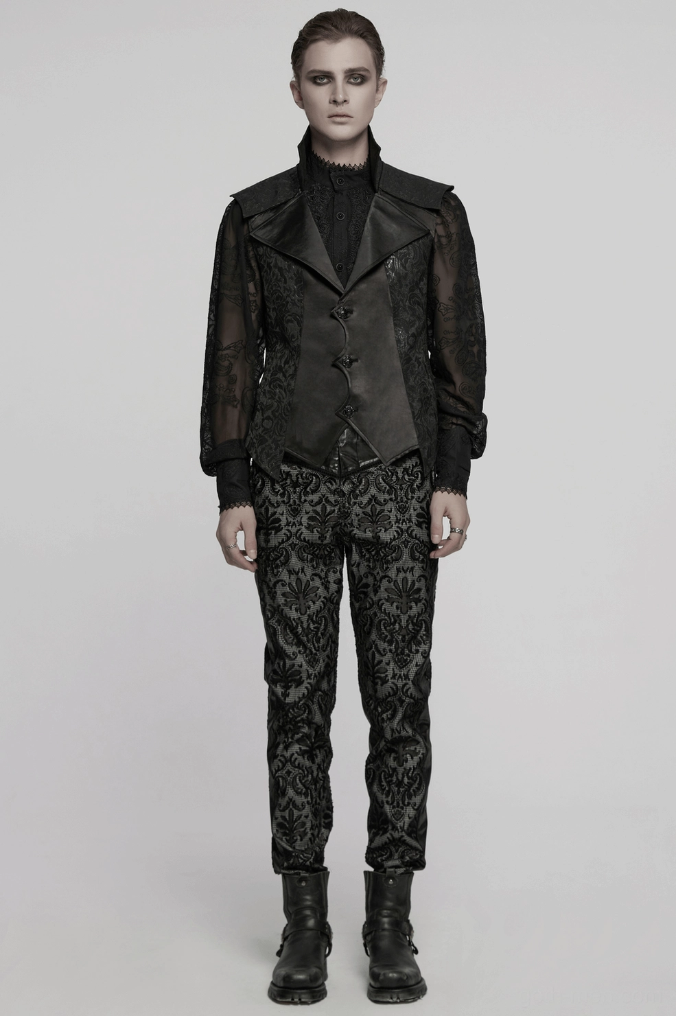 Black gothic waistcoat side view detail highlighting mixed fabric construction with jacquard front and satin side panels for dimensional texture
