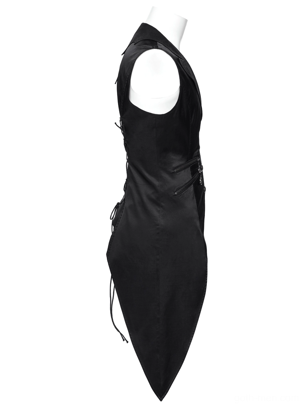Asymmetric gothic waistcoat side view on mannequin highlighting irregular tail hem and side lace-up detail system