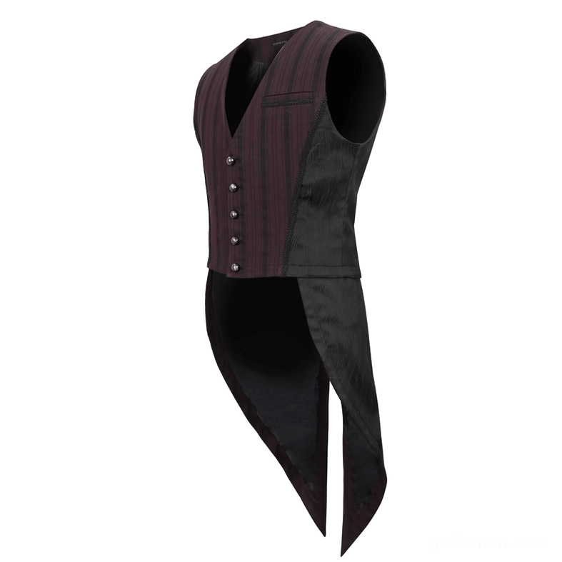 Left side view of gothic waistcoat displaying asymmetrical tail hem and black side panels on dress form