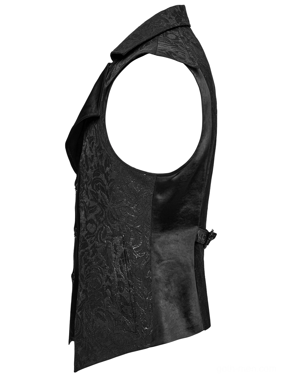 Black gothic waistcoat side view flat lay displaying armhole cutout, side adjuster buckle, and textured fabric blend of jacquard and satin