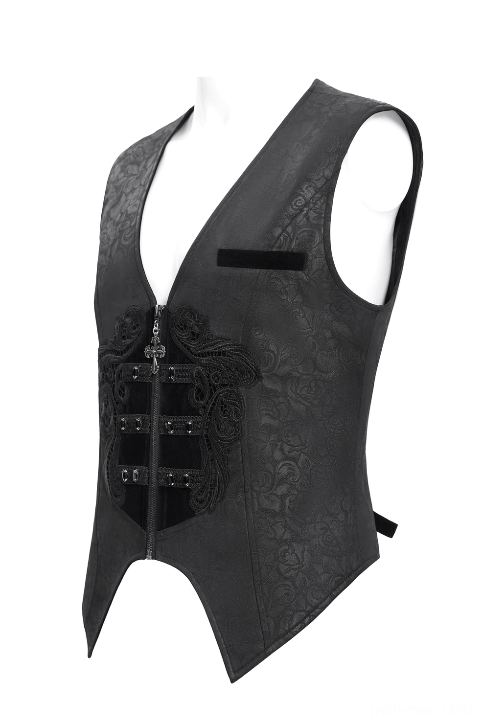 Black gothic waistcoat side profile flat lay with asymmetrical curved hem and adjustment strap