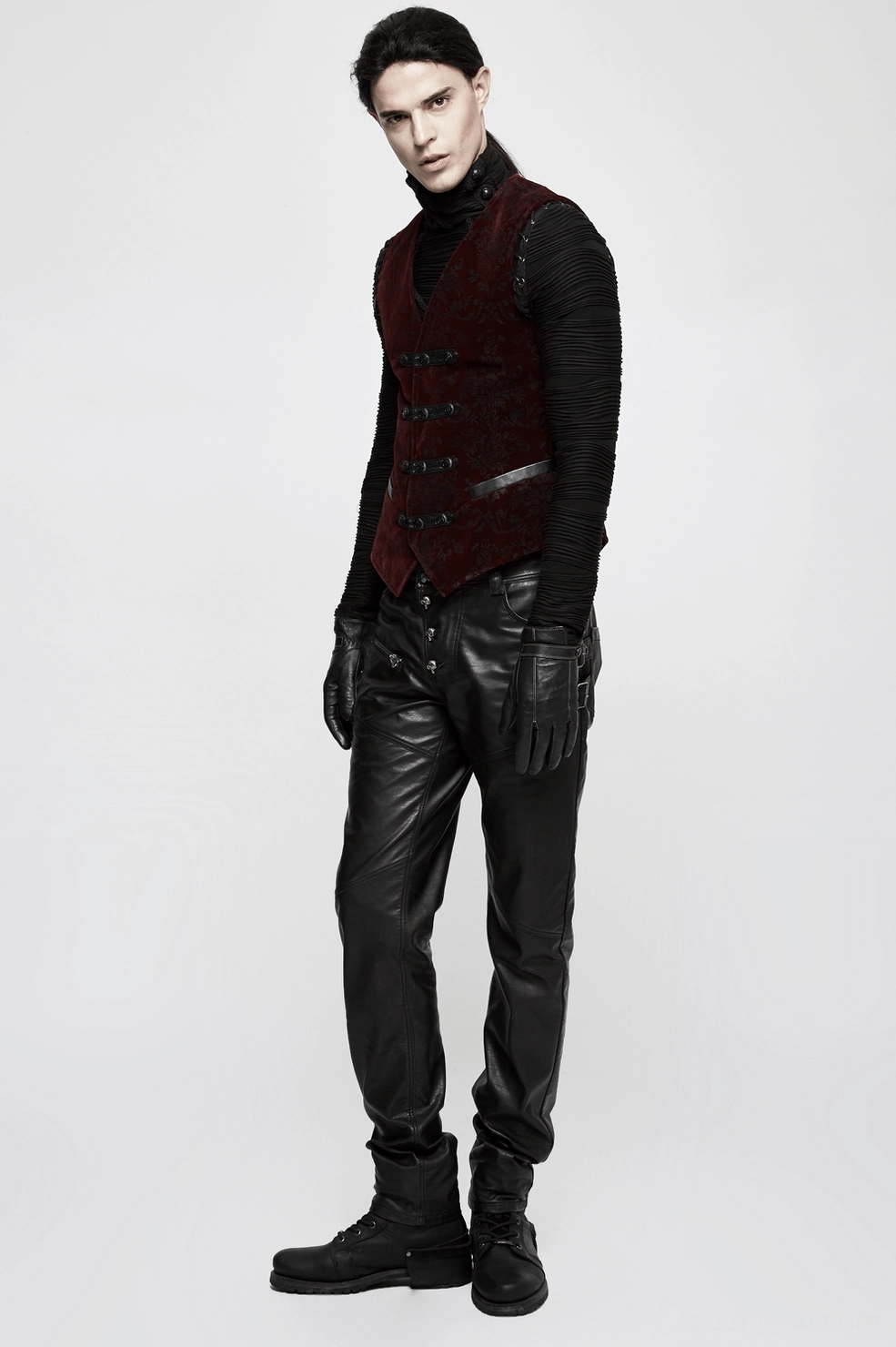 Wine red gothic velveteen waistcoat three-quarter side view on model showcasing damask print and silhouette