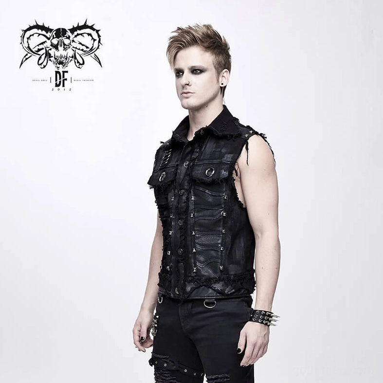 Side profile of fitted black gothic waistcoat showing sleek silhouette and distressed construction