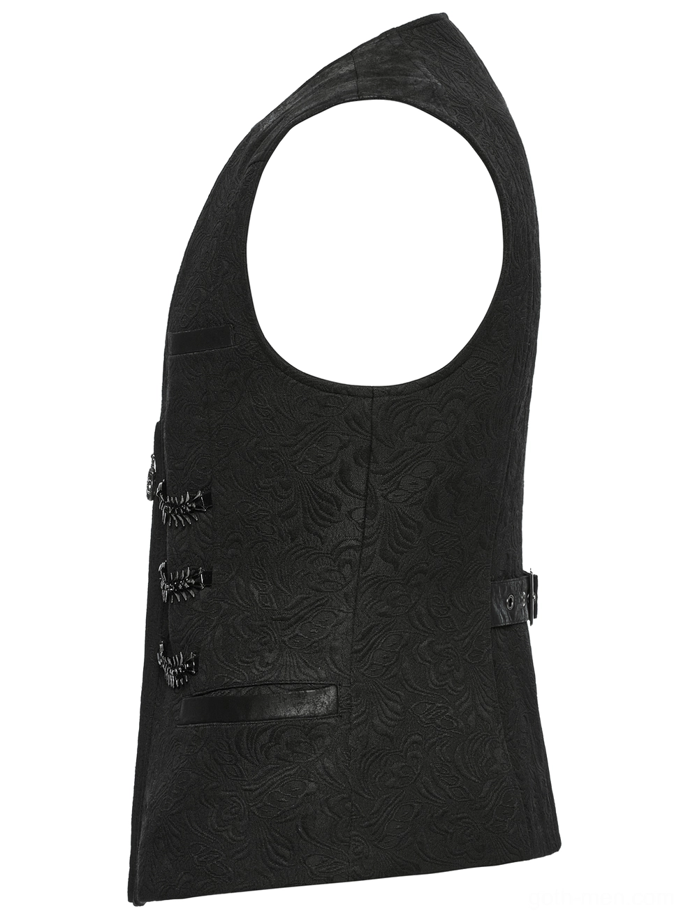 Side profile view of black damask gothic waistcoat showing slim silhouette and decorative leather accent trims