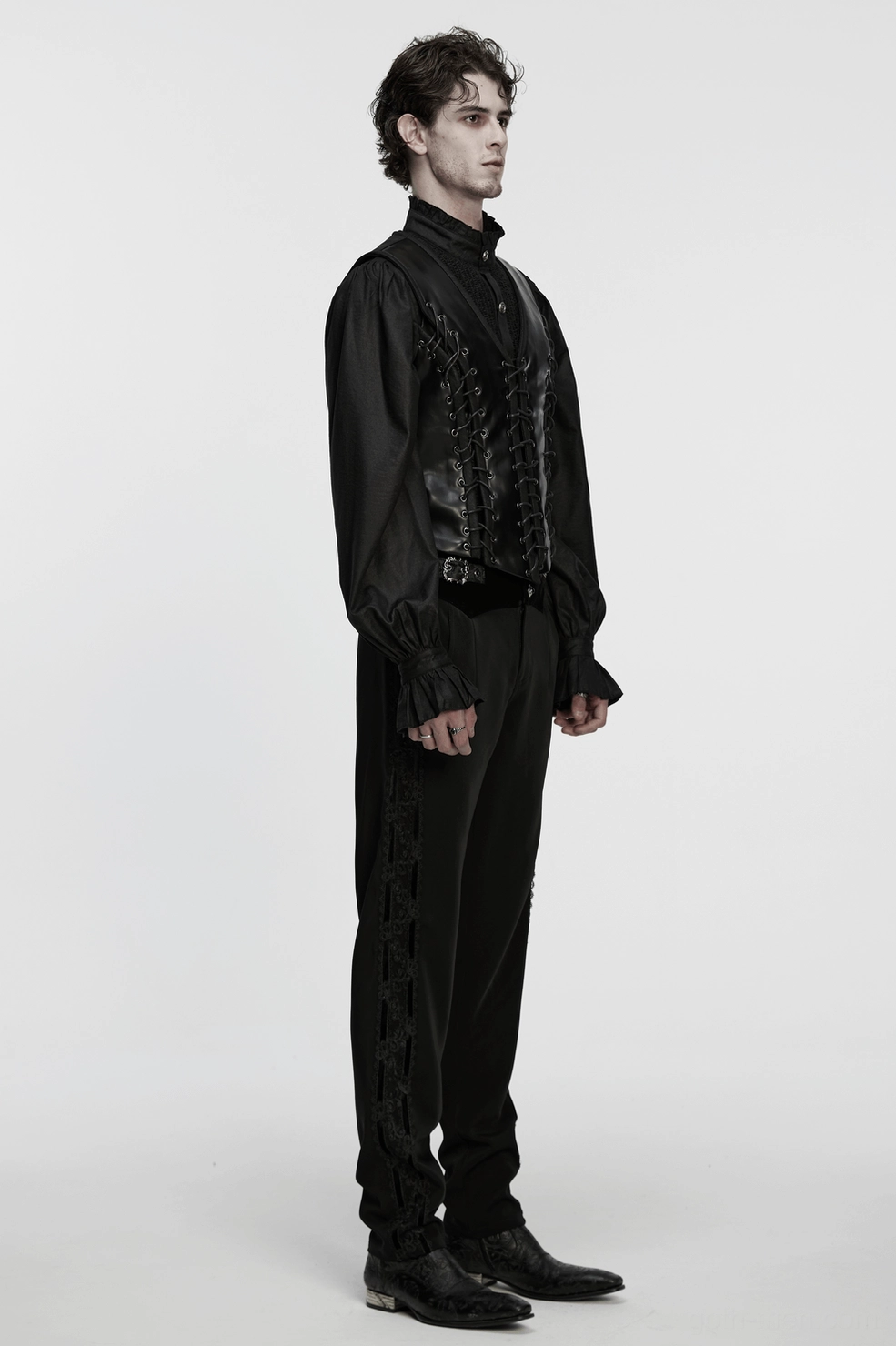 Black gothic waistcoat side profile displaying structured fit and proportions