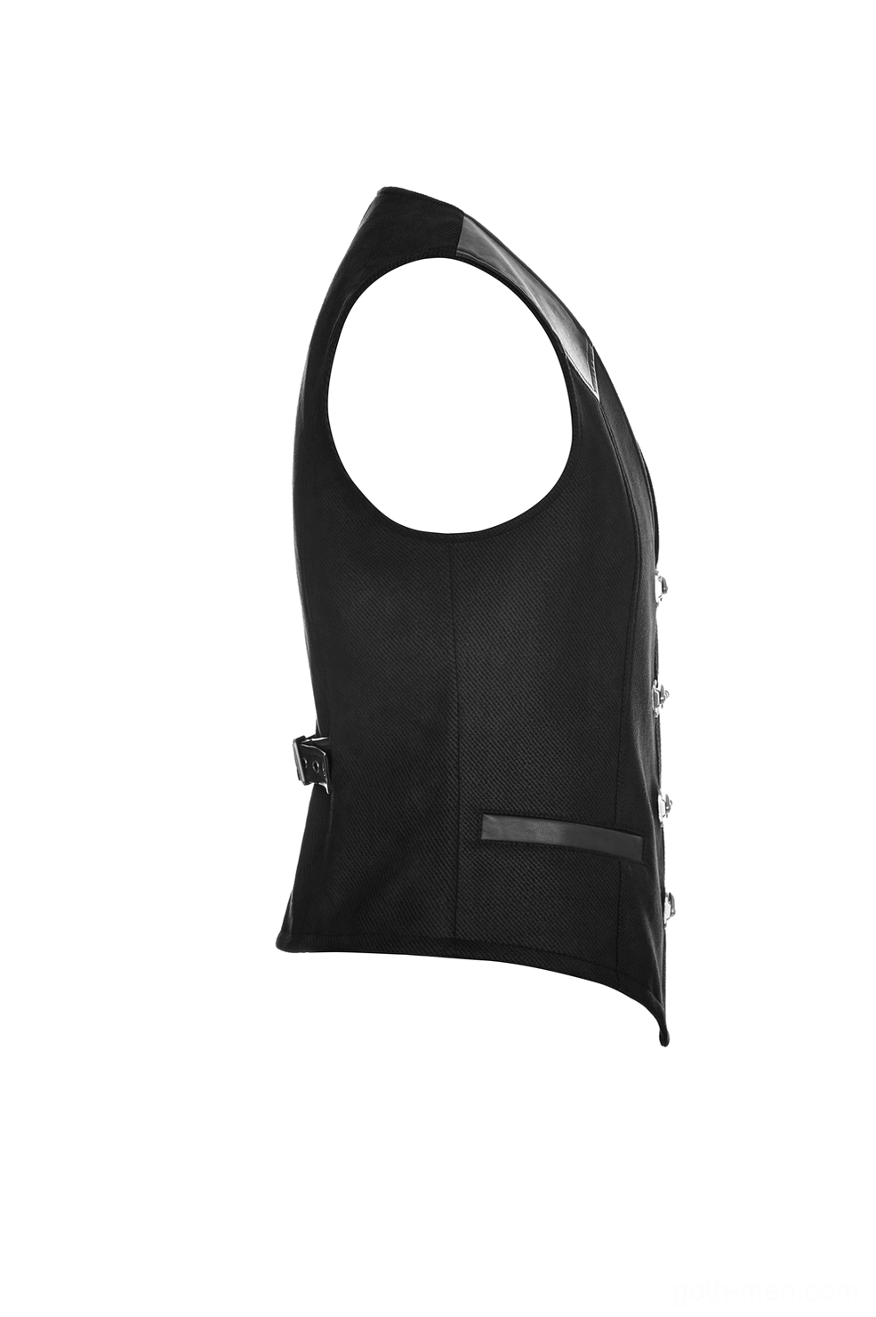 Gothic waistcoat side profile showing slim tailored fit and sleeveless design