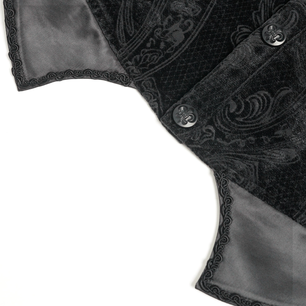 Men's gothic velvet waistcoat side seam and waist adjustment detail with buckle strap closure system