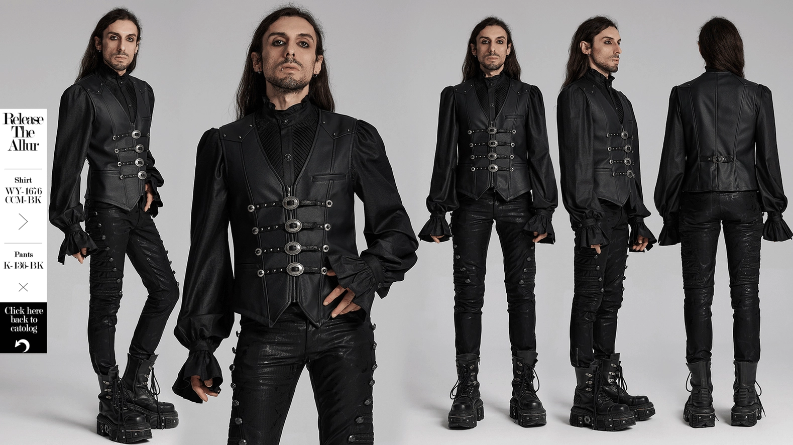 Black gothic faux leather waistcoat showing side seams and adjustable buckle system for custom fit