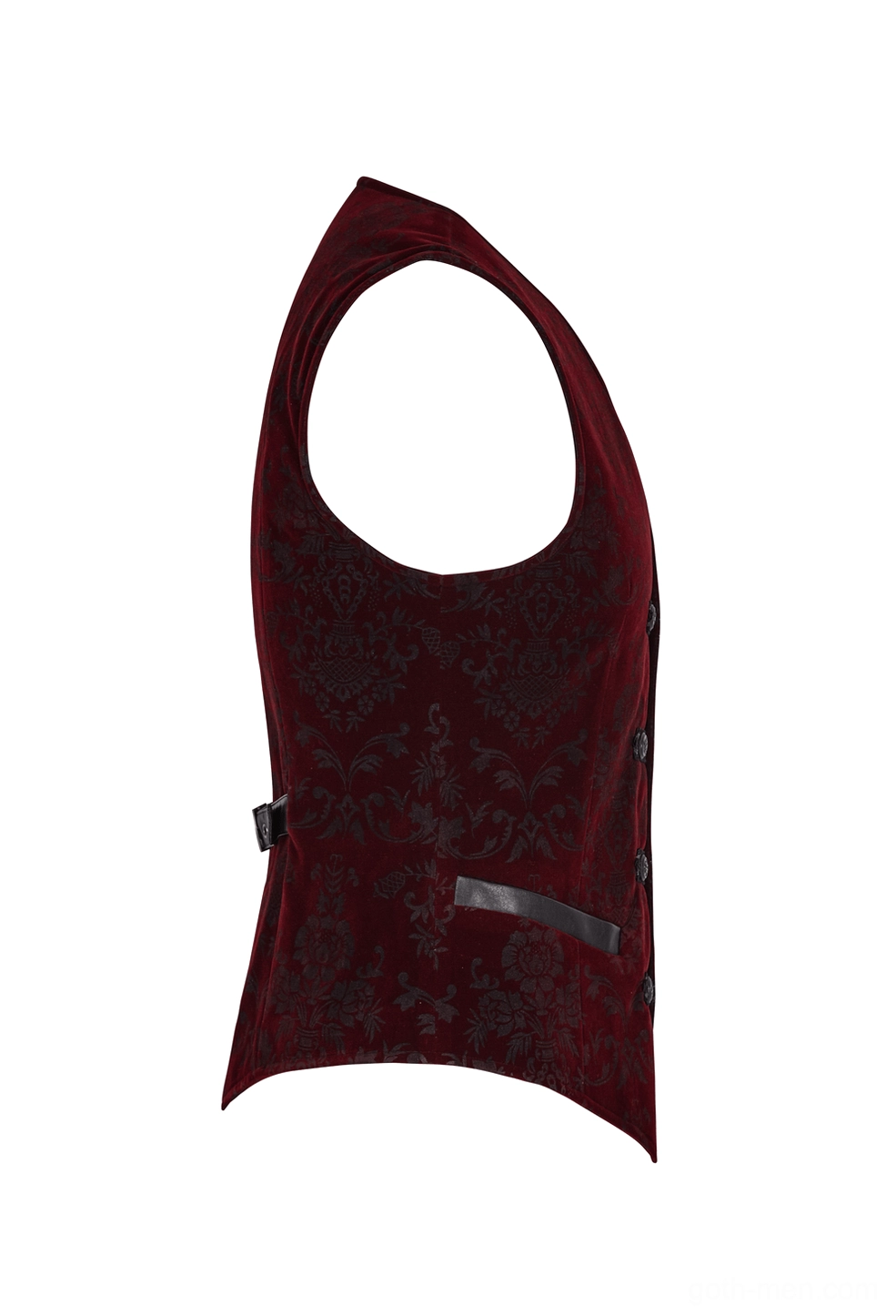 Side view flat lay of wine red gothic waistcoat showing round armhole and adjustable side strap detail