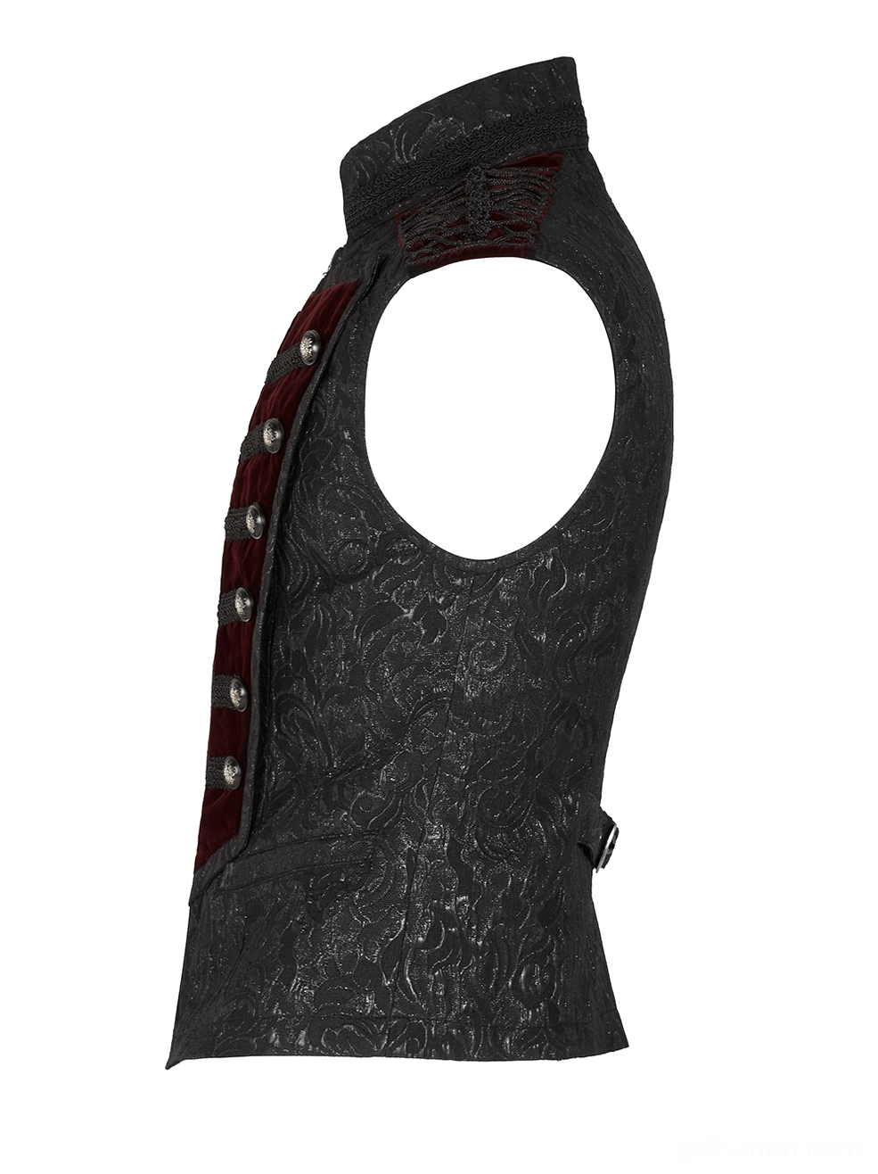 Side profile of black jacquard gothic waistcoat showing armhole and decorative side buttons