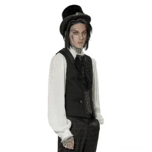 Black gothic vest three-quarter side view showing fitted silhouette and button placket on male model