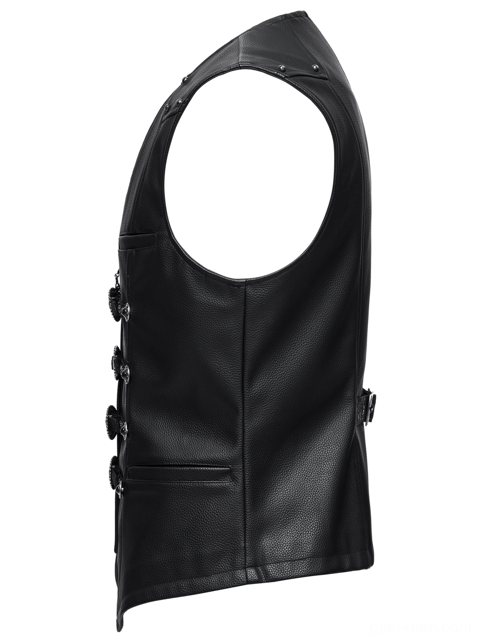 Black gothic faux leather waistcoat flat lay side view showcasing sleeveless cut and side buckle adjustment