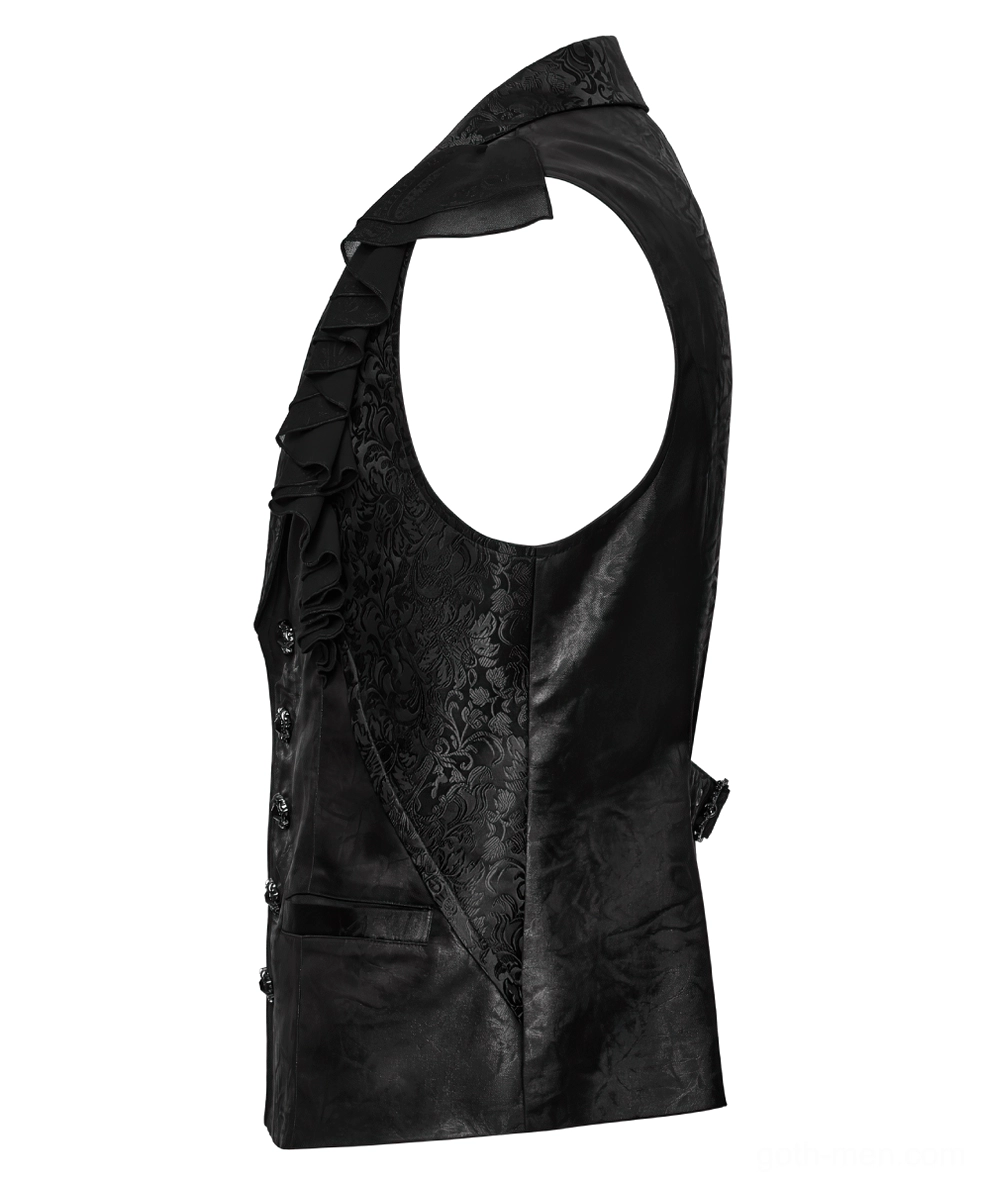 Side profile of black gothic waistcoat showing cutout armhole, jacquard side panels, and adjustment buckle