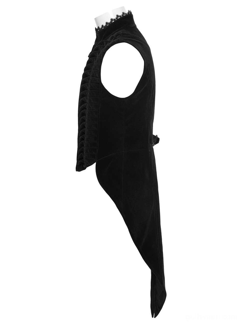 Black gothic waistcoat side view with lace-trimmed collar and asymmetric tailcoat silhouette