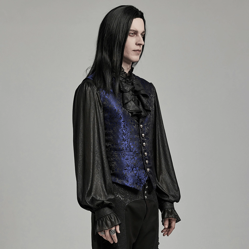 Black-blue gothic waistcoat side view showing adjustable lacing system, fitted silhouette, floral jacquard pattern, and alternative fashion styling potential