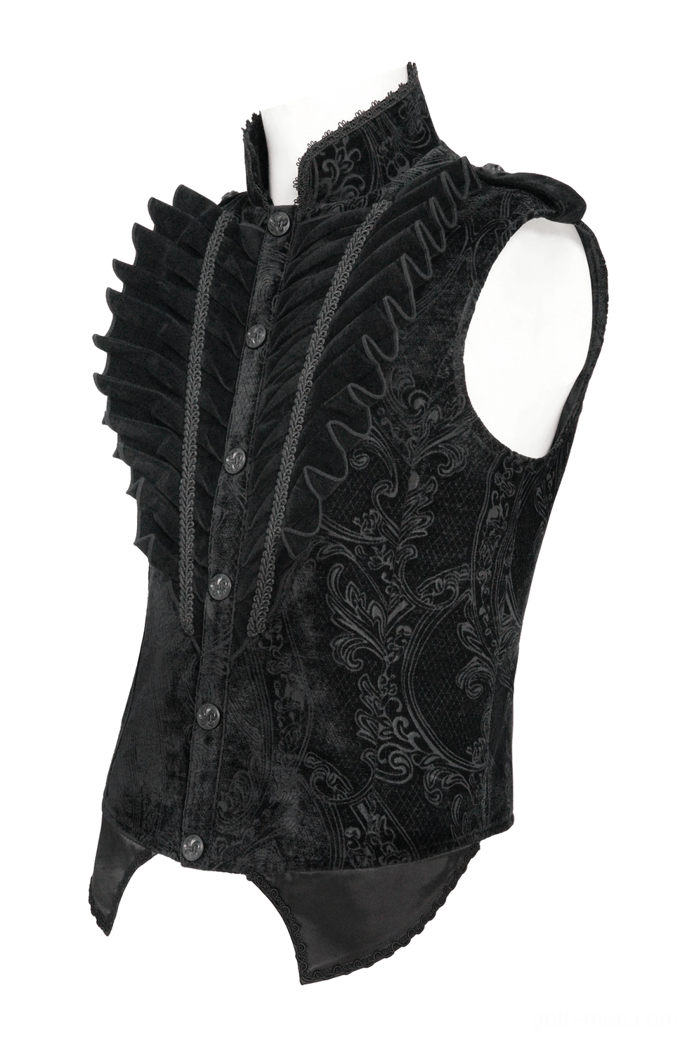 Side three-quarter view of black gothic waistcoat showcasing stand collar, ruffled edges, and embroidered velvet texture