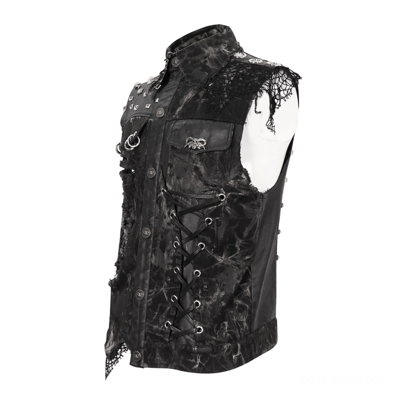 Left three-quarter view of gothic mesh rivet vest showing distressed tie-dye and shoulder studs