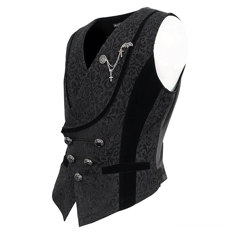Black gothic waistcoat side front view displaying jacquard pattern fabric, velvet side panels, and structured silhouette