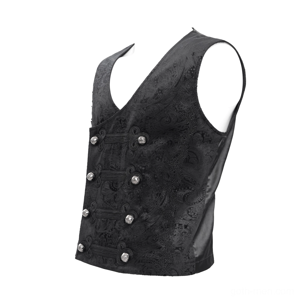 Black gothic waistcoat side front view showing sleeveless V-neck and metal button closure on mannequin