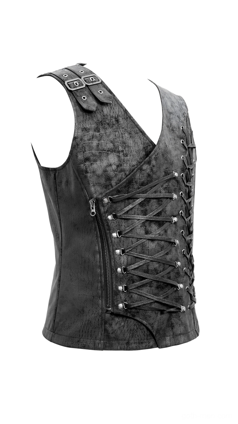 Gothic leather waistcoat left side view displaying full-length side zipper and metal lacing with eyelets